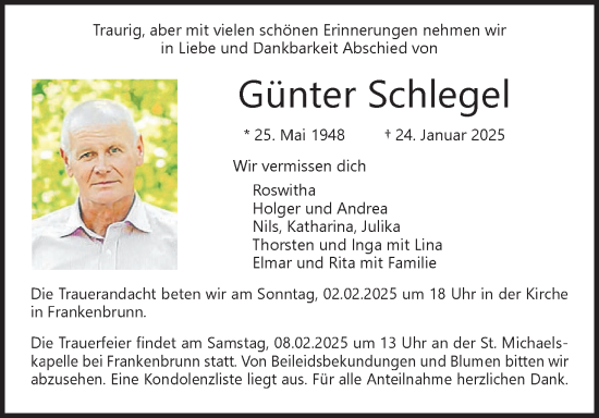 Anzeige von Günter Schlegel von MGO