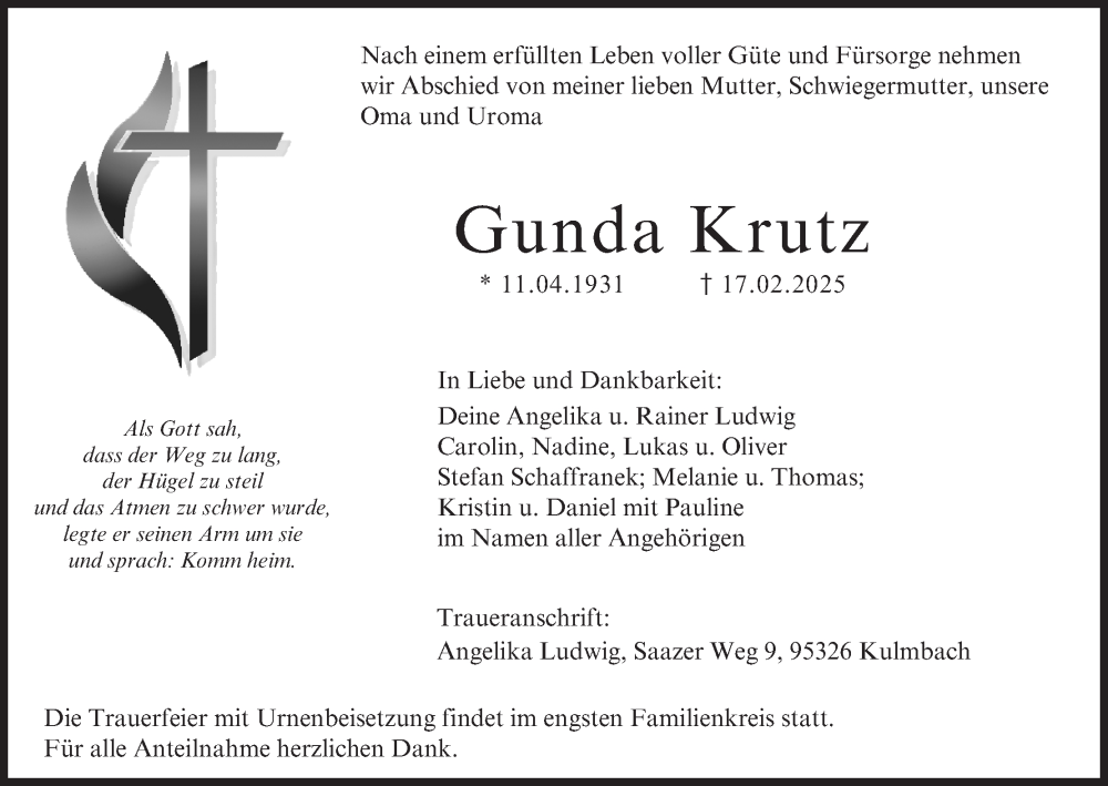  Traueranzeige für Gunda Krutz vom 22.02.2025 aus MGO