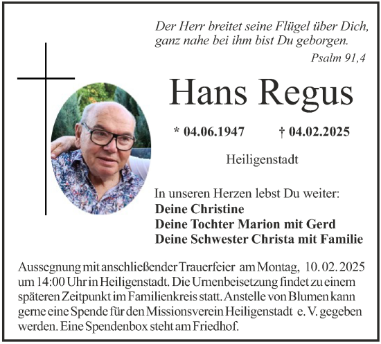 Anzeige von Hans Regus von MGO