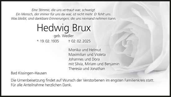 Anzeige von Hedwig Brux von MGO
