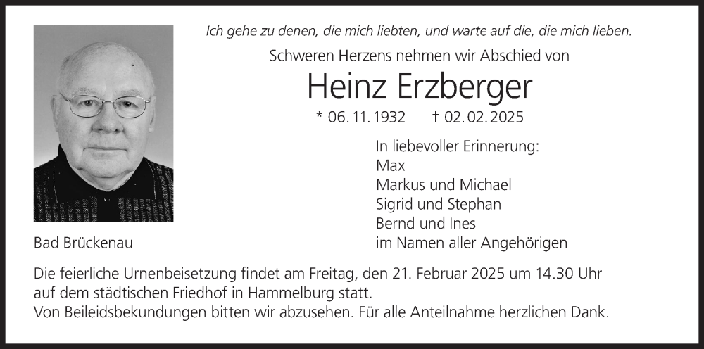  Traueranzeige für Heinz Erzberger vom 15.02.2025 aus MGO