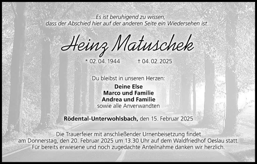 Traueranzeige für Heinz Matuschek vom 15.02.2025 aus MGO
