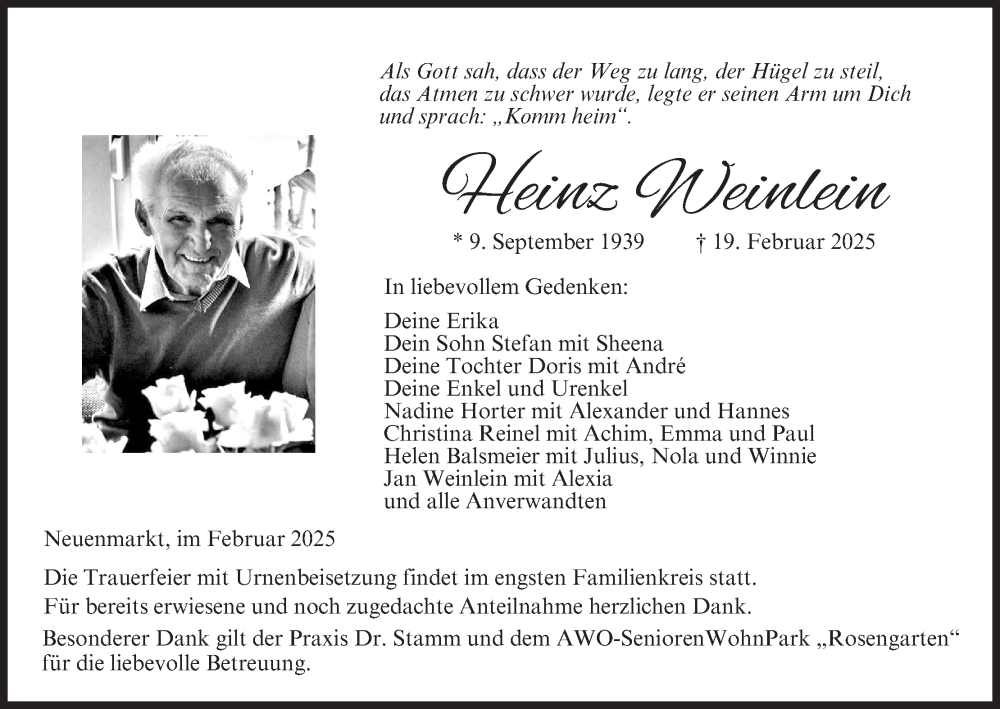  Traueranzeige für Heinz Weinlein vom 25.02.2025 aus MGO