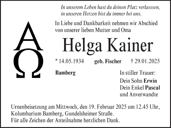 Anzeige von Helga Kainer von MGO