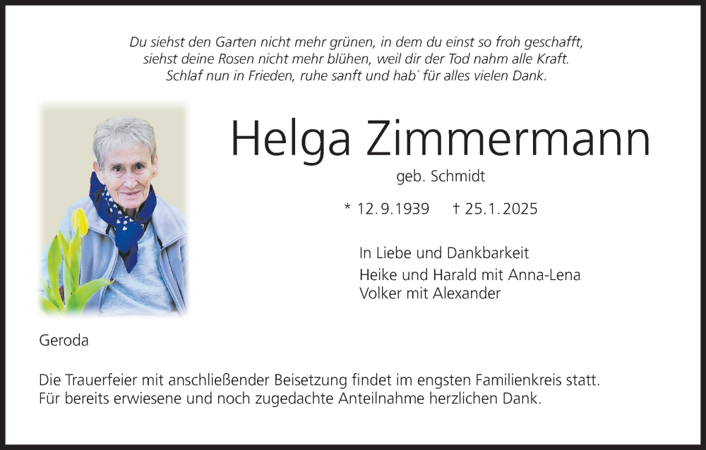 Traueranzeige für Helga Zimmermann vom 01.02.2025 aus MGO