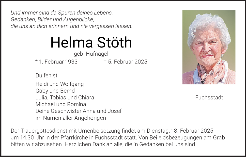 Traueranzeige für Helma Stöth vom 15.02.2025 aus MGO