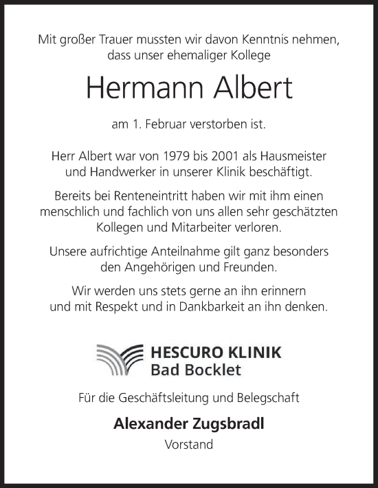 Anzeige von Hermann Albert von MGO