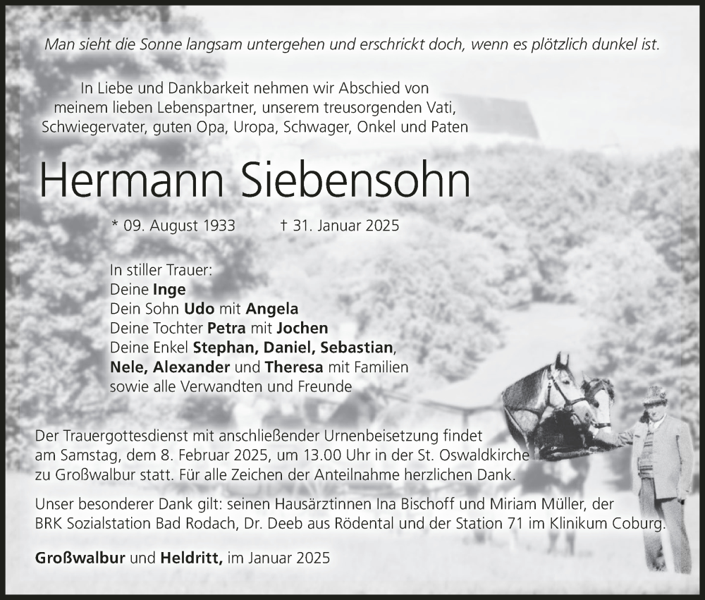  Traueranzeige für Hermann Siebensohn vom 05.02.2025 aus MGO