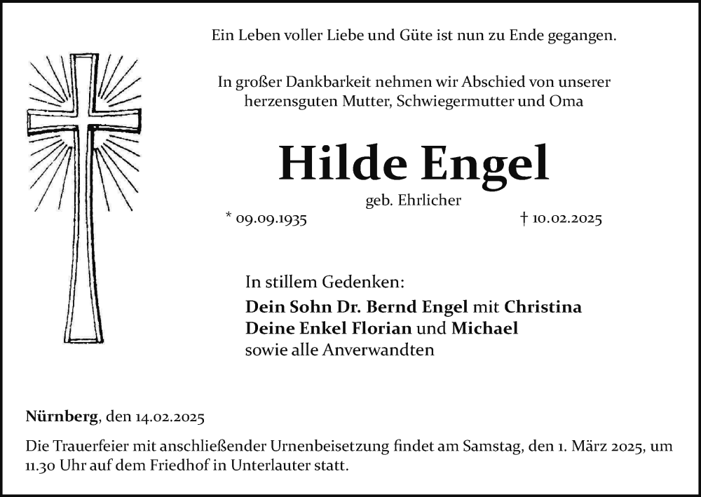  Traueranzeige für Hilde Engel vom 22.02.2025 aus MGO