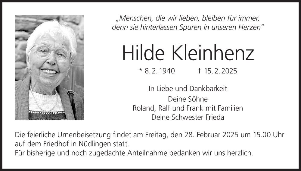  Traueranzeige für Hilde Kleinhenz vom 22.02.2025 aus MGO