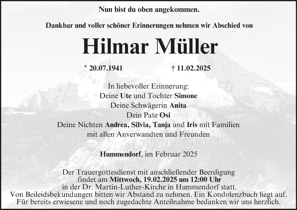  Traueranzeige für Hilmar Müller vom 15.02.2025 aus MGO