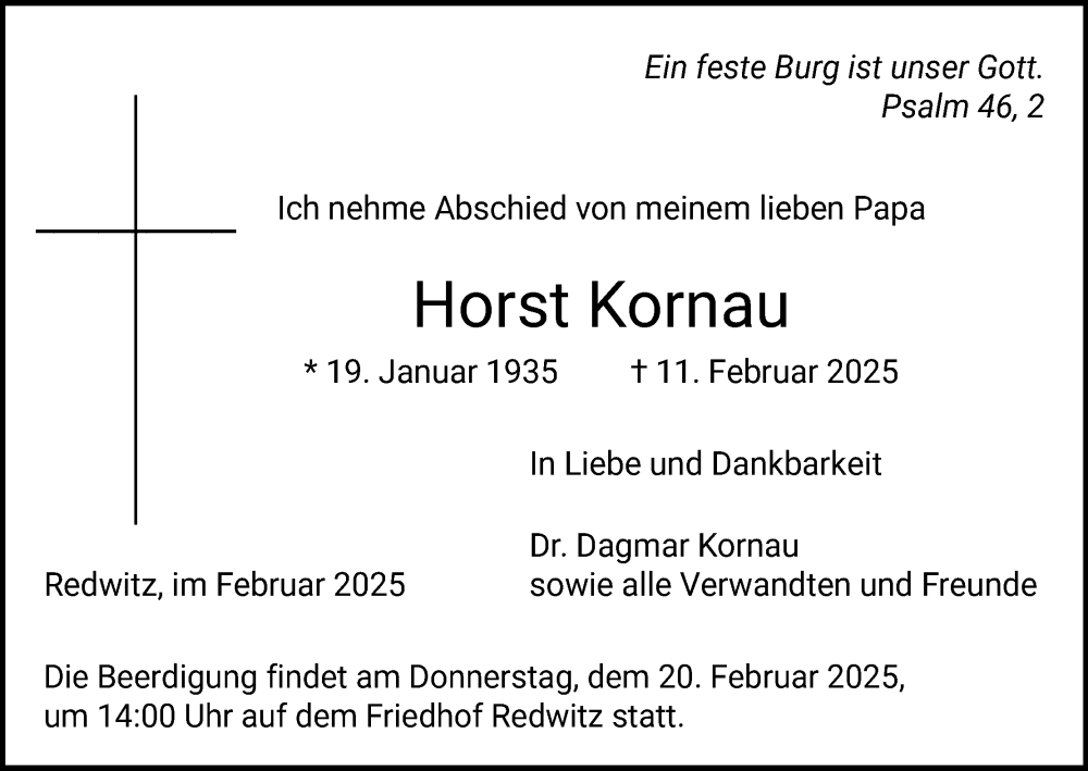  Traueranzeige für Horst Kornau vom 19.02.2025 aus MGO