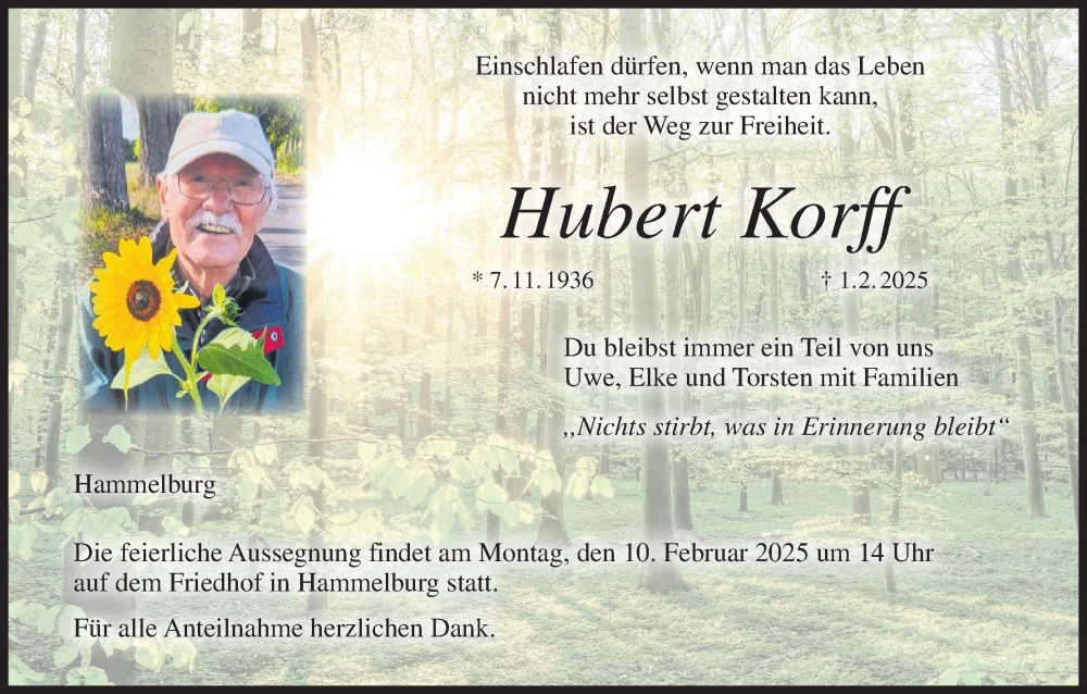  Traueranzeige für Hubert Korff vom 05.02.2025 aus MGO