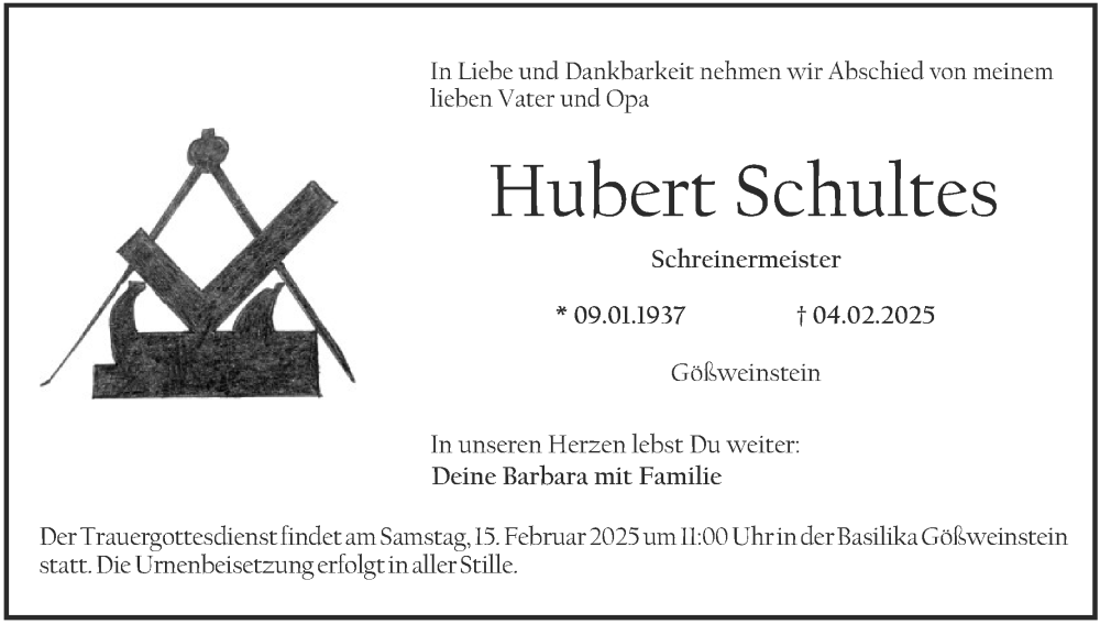  Traueranzeige für Hubert Schultes vom 12.02.2025 aus MGO