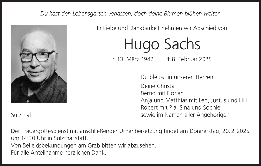  Traueranzeige für Hugo Sachs vom 15.02.2025 aus MGO