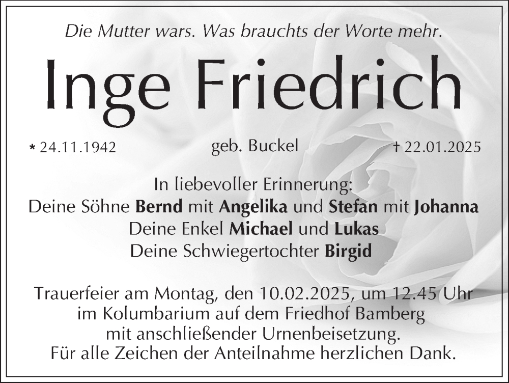  Traueranzeige für Inge Friedrich vom 08.02.2025 aus MGO