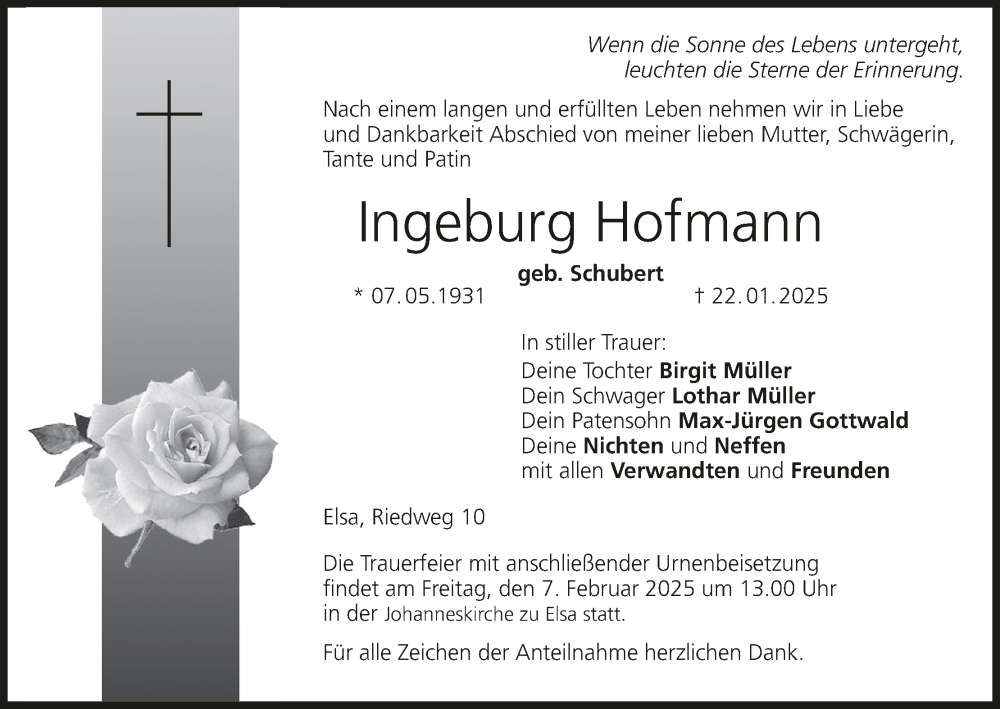  Traueranzeige für Ingeburg Hofmann vom 01.02.2025 aus MGO