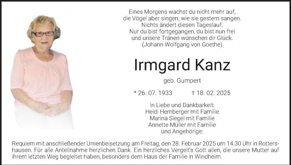  Traueranzeige für Irmgard Kanz vom 22.02.2025 aus MGO