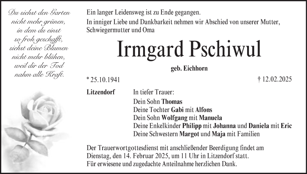  Traueranzeige für Irmgard Pschiwul vom 15.02.2025 aus MGO