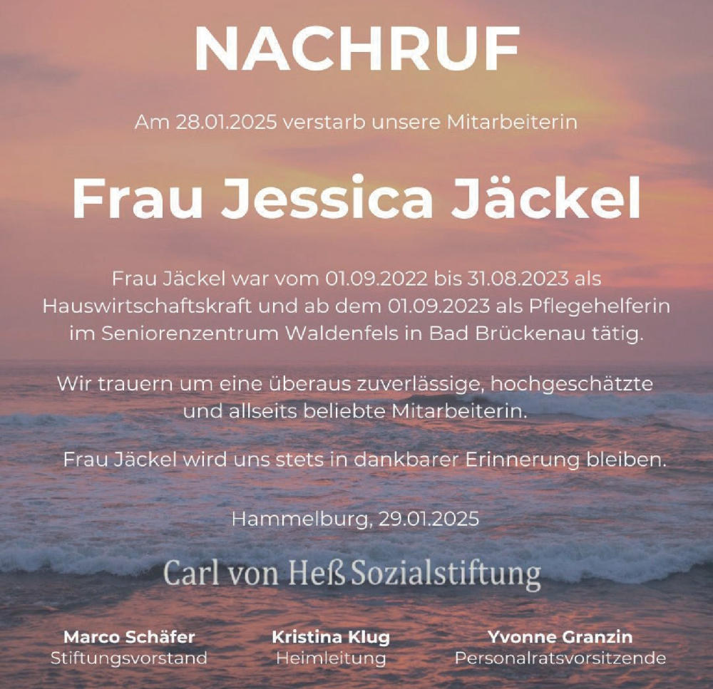  Traueranzeige für Jessica Jäckel vom 08.02.2025 aus MGO