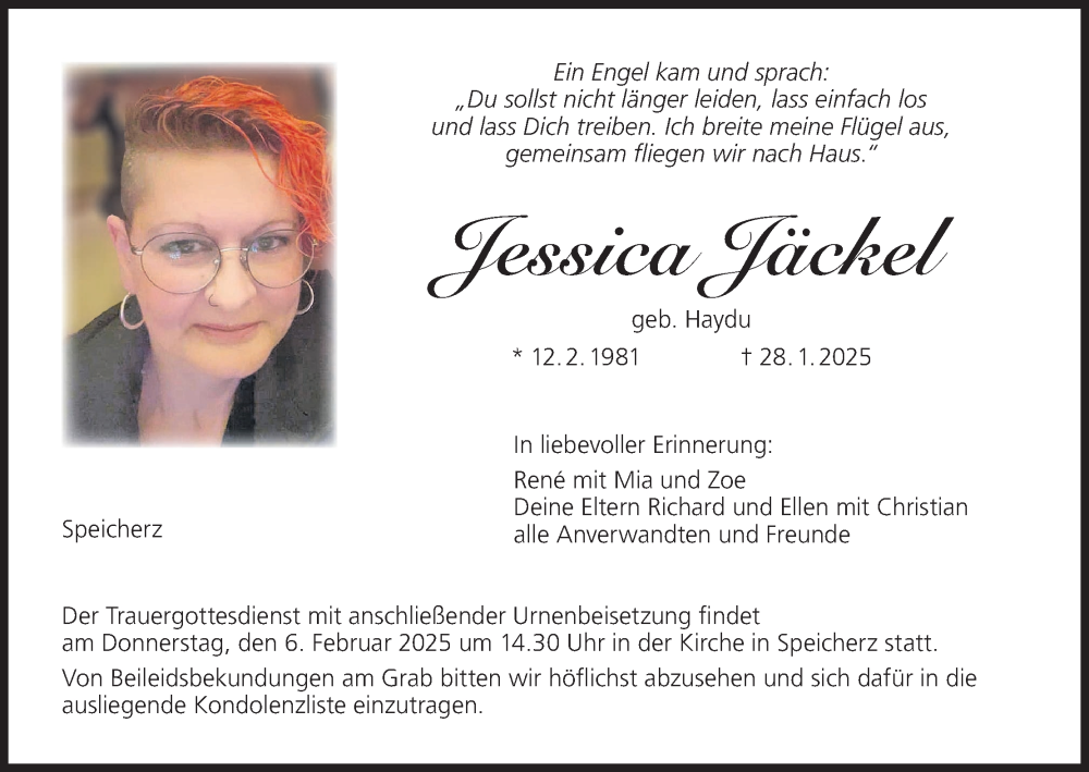  Traueranzeige für Jessica Jäckel vom 01.02.2025 aus MGO