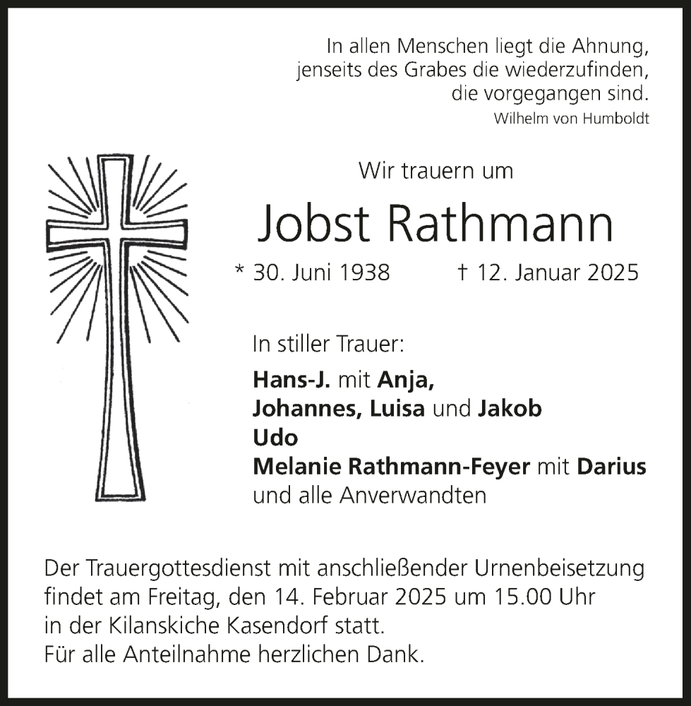  Traueranzeige für Jobst Rathmann vom 01.02.2025 aus MGO