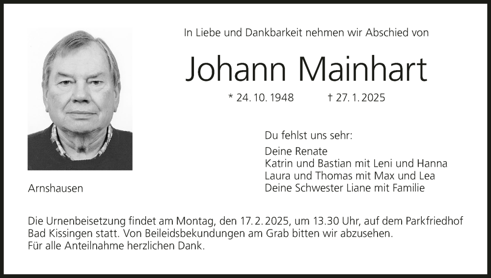  Traueranzeige für Johann Mainhart vom 08.02.2025 aus MGO