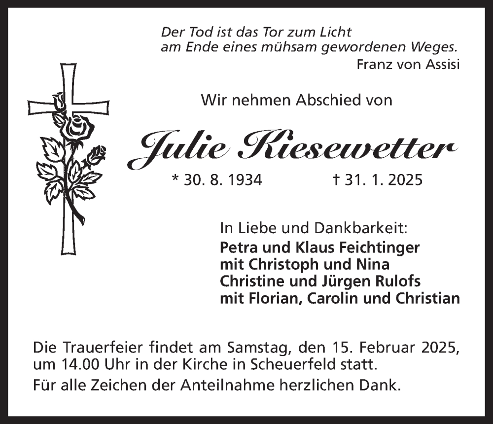  Traueranzeige für Julie Kiesewetter vom 08.02.2025 aus MGO