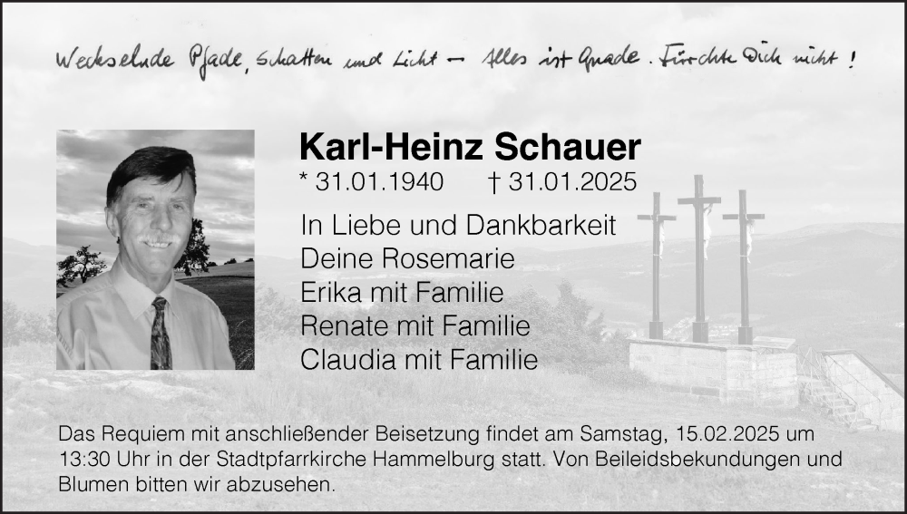  Traueranzeige für Karl-Heinz Schauer vom 08.02.2025 aus MGO