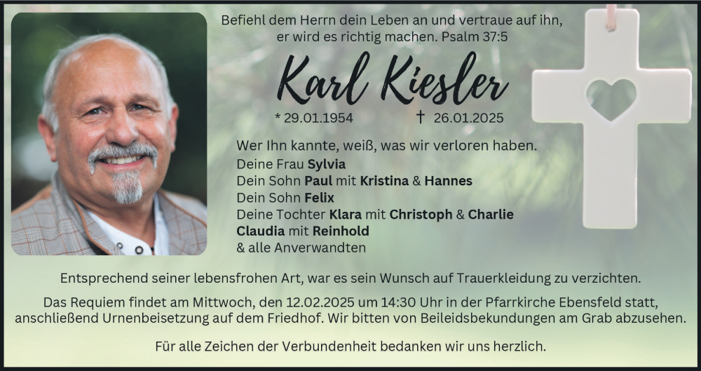  Traueranzeige für Karl Kiesler vom 08.02.2025 aus MGO