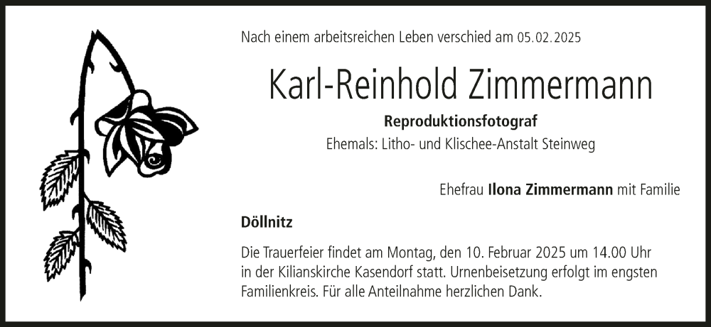  Traueranzeige für Karl-Reinhold Zimmermann vom 08.02.2025 aus MGO