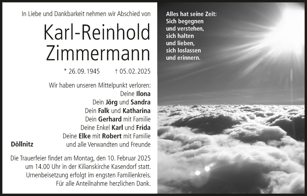  Traueranzeige für Karl-Reinhold Zimmermann vom 08.02.2025 aus MGO