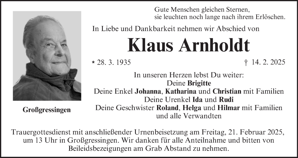  Traueranzeige für Klaus Arnholdt vom 19.02.2025 aus MGO
