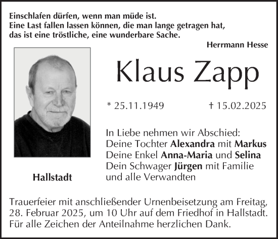 Anzeige von Klaus Zapp von MGO