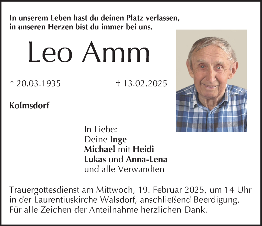  Traueranzeige für Leo Amm vom 15.02.2025 aus MGO