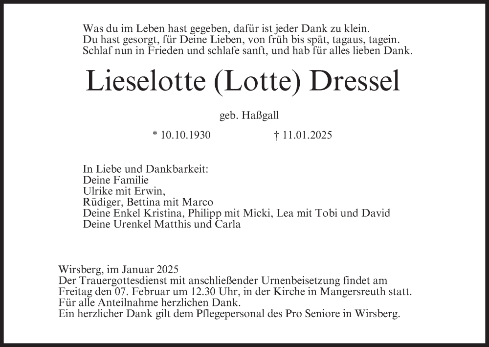  Traueranzeige für Lieselotte Dressel vom 01.02.2025 aus MGO