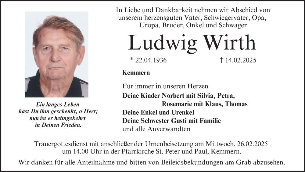  Traueranzeige für Ludwig Wirth vom 22.02.2025 aus MGO