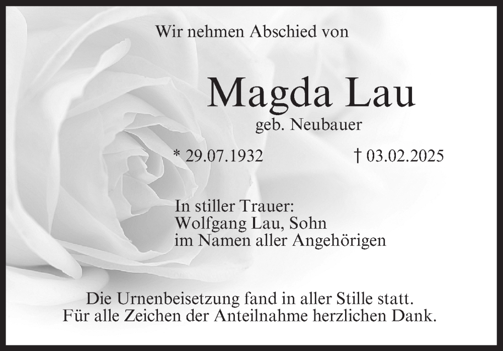  Traueranzeige für Magda Lau vom 22.02.2025 aus MGO