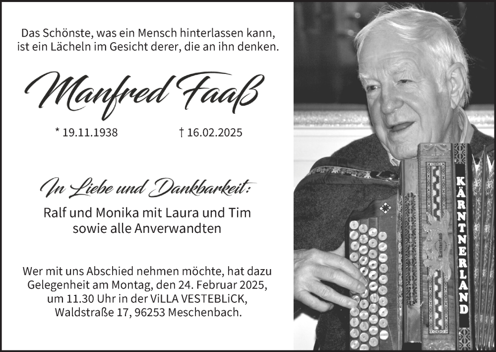  Traueranzeige für Manfred Faaß vom 22.02.2025 aus MGO