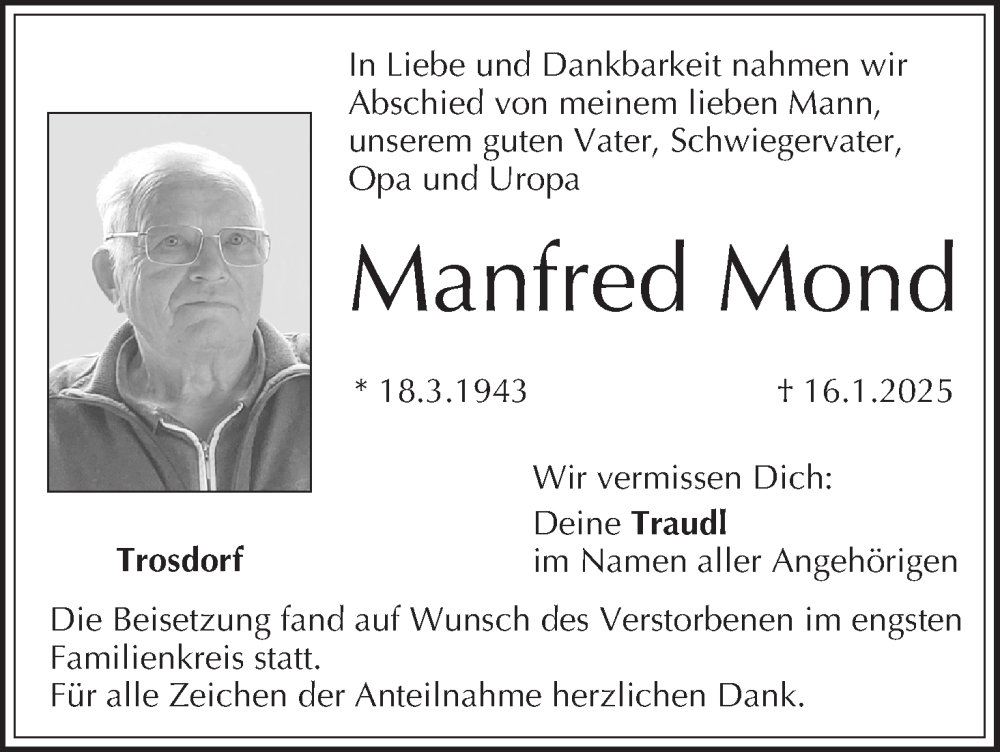  Traueranzeige für Manfred Mond vom 01.02.2025 aus MGO