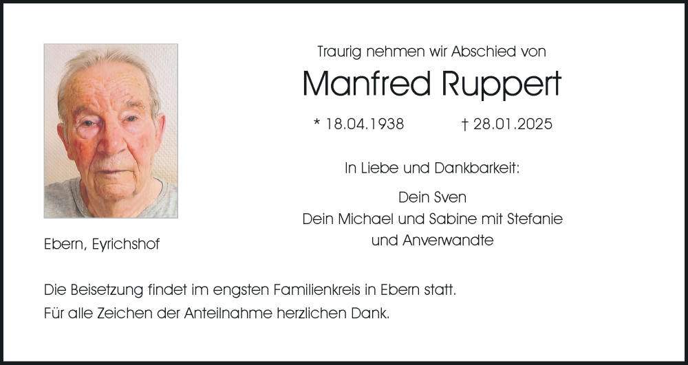  Traueranzeige für Manfred Ruppert vom 01.02.2025 aus MGO