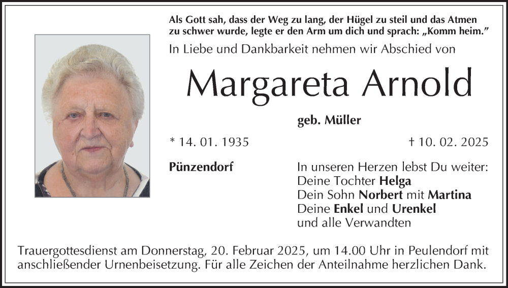  Traueranzeige für Margareta Arnold vom 15.02.2025 aus MGO