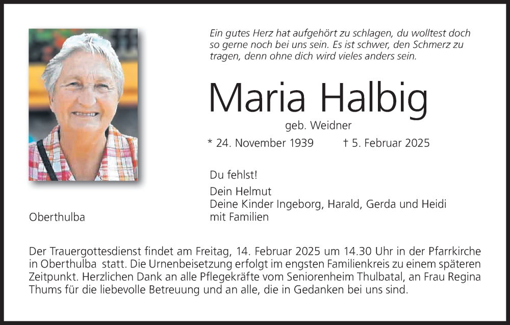  Traueranzeige für Maria Halbig vom 12.02.2025 aus MGO