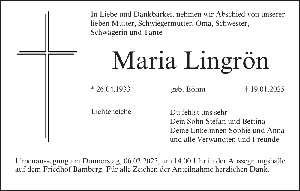  Traueranzeige für Maria Lingrön vom 01.02.2025 aus MGO