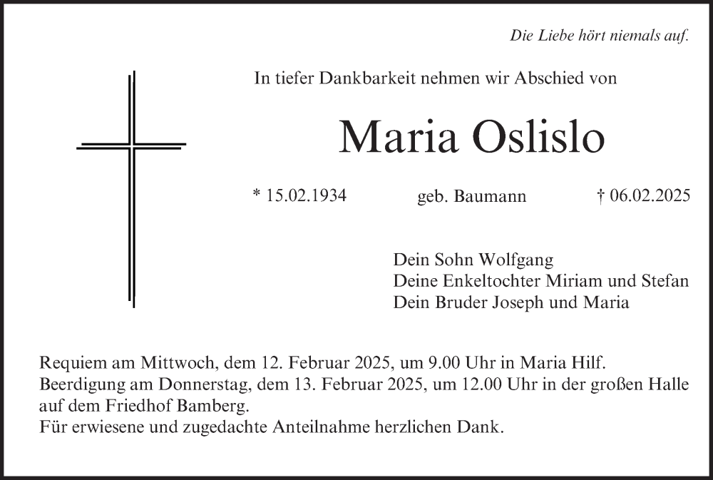  Traueranzeige für Maria Oslislo vom 08.02.2025 aus MGO