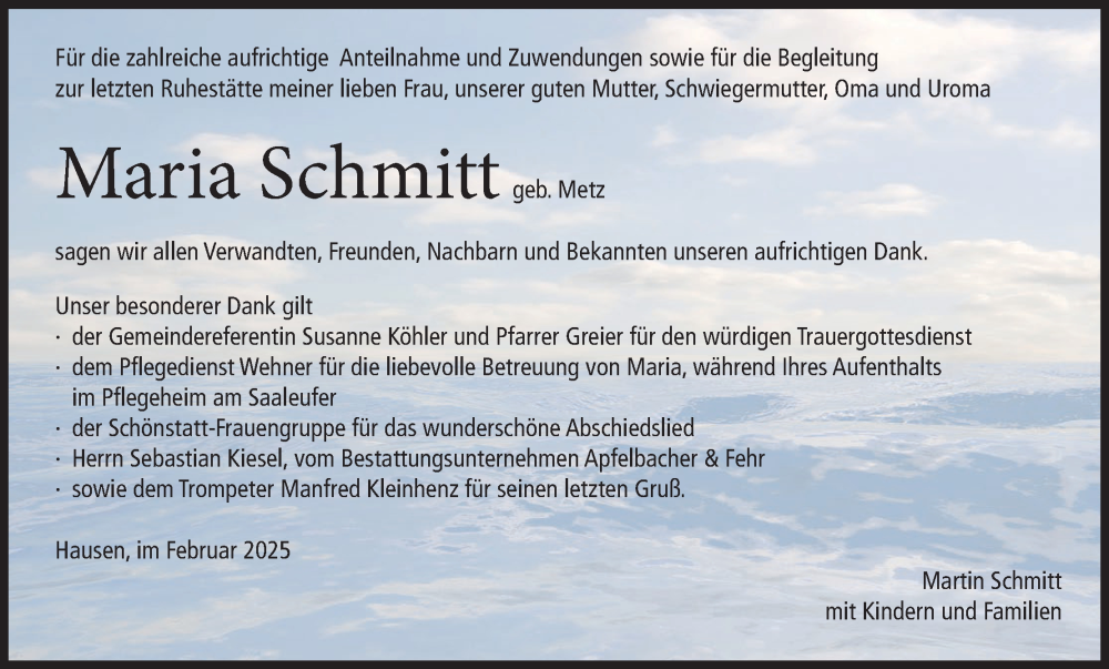  Traueranzeige für Maria Schmitt vom 08.02.2025 aus MGO