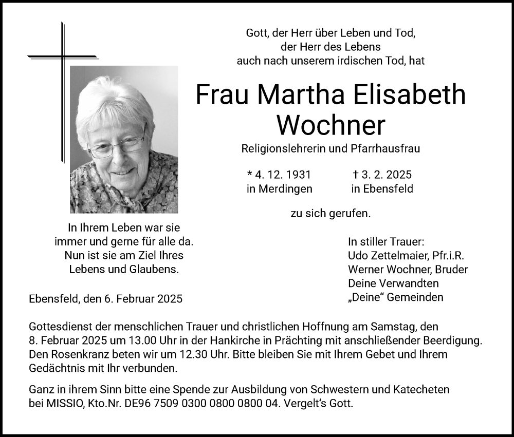  Traueranzeige für Martha Elisabeth Wochner vom 06.02.2025 aus MGO
