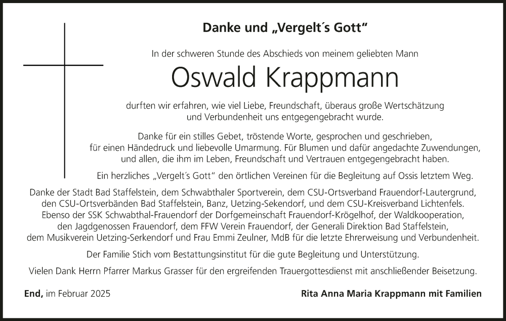  Traueranzeige für Oswald Krappmann vom 08.02.2025 aus MGO