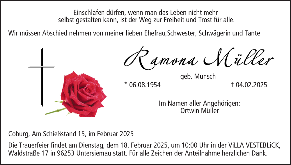  Traueranzeige für Ramona Müller vom 15.02.2025 aus MGO