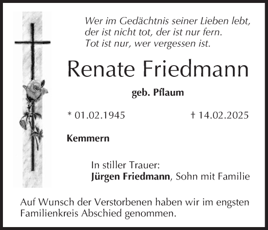 Anzeige von Renate Friedmann von MGO